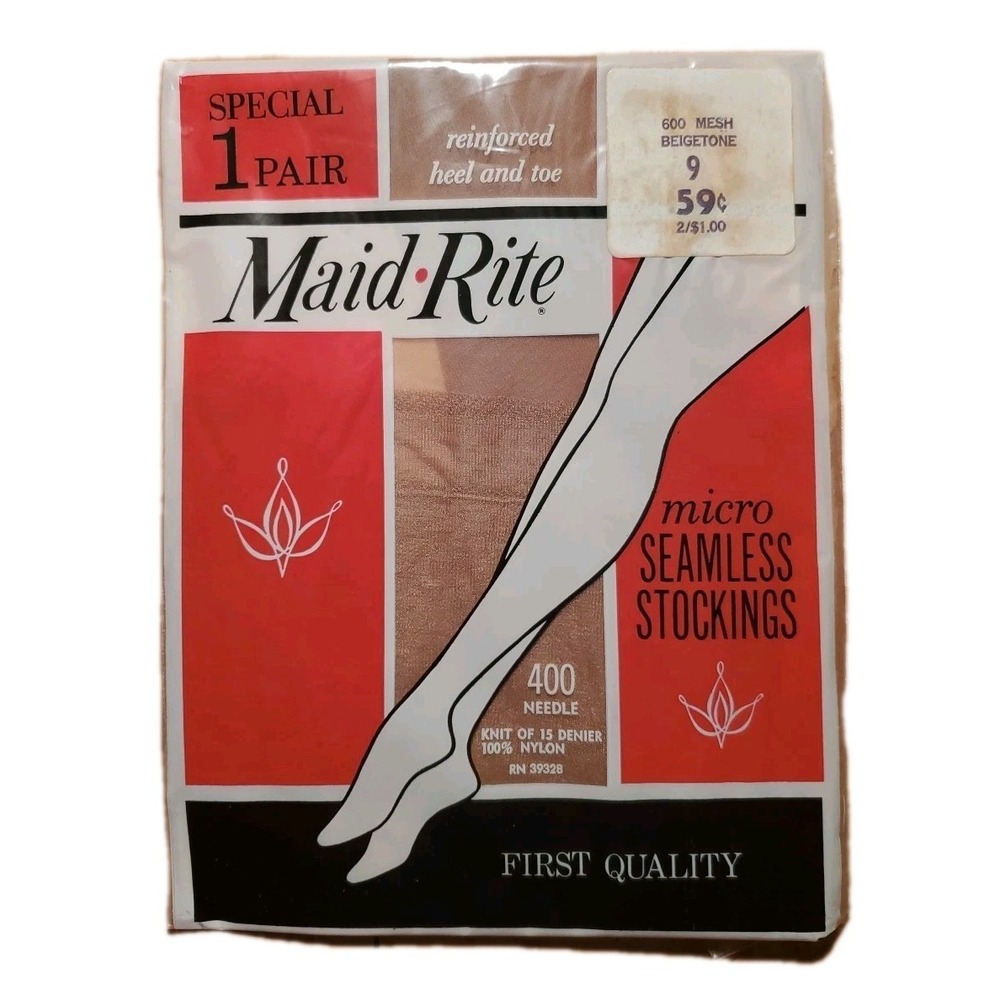 Vintage Maid-Rite Micro‎ Sheer Seamless Nylon Garter Stockings Size 10 Beigetone